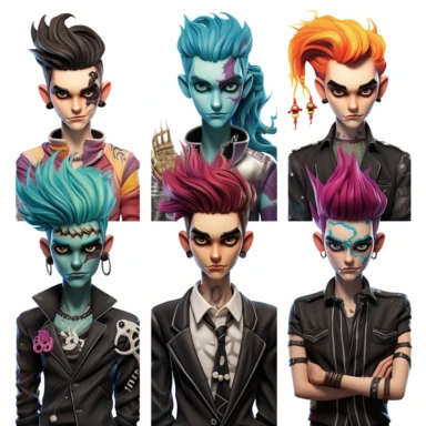 beautiful stunning handsome young man monster high characters doll style, different hairstyles, paint art style, clipart, white background, superrealistic, one of a kind