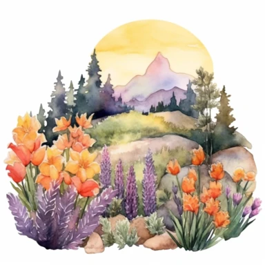 As the sun sets behind the hills, a watercolor Spring garden comes alive with hues of orange, purple, and gold, casting a magical glow, ,clipart, on a white background.