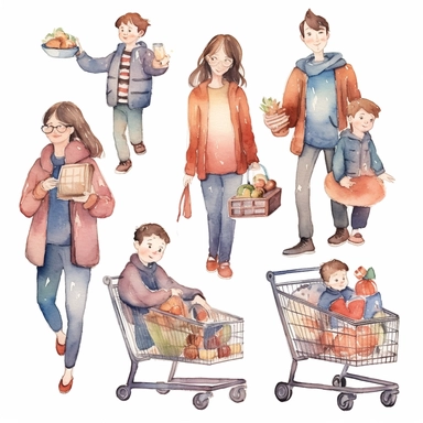 multiple poses characters of family enjoy with Shopping Cart Day, watercolor in cartoon grunge style clipart on white background