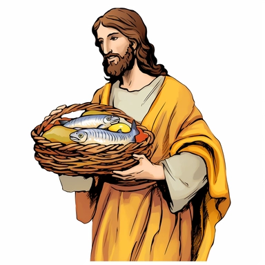Jesus Christ holind a basket filled bread and fish clipart