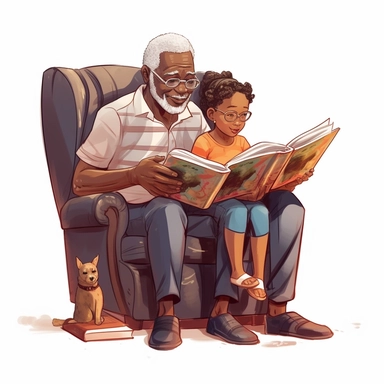 clipart black grandpa sitting in a comfortable chair reading your book to a grandson and granddaughter who are looking at the book old-time artwork White background AR 17:22
