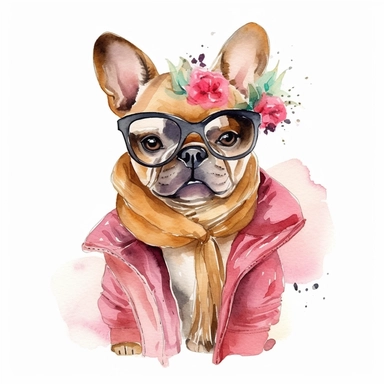 An adorable watercolor clipart of a Doggy Diva wearing a fashionable outfit, fawn French Bulldog