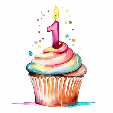 watercolor clipart image, birthday cupcake with a number 5 candle, white background