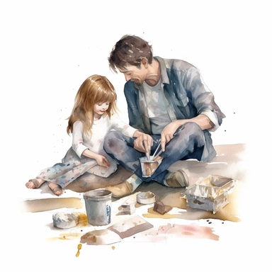 Father and child working on a DIY home improvement project, water color style, clipart, white background