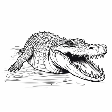 full body of a swimming crocodile, icon clipart, no noise, thick lines, black and white image, plain white background, teens science theme coloring page