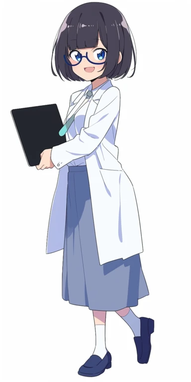 anime clipart of a young female scientist carrying a laptop computer, confident smile, Bob cut, round glasses, gradiant, modern flat vector corporate clip art, clean background, navy blue colour scheme, white background, centered, white space around subject