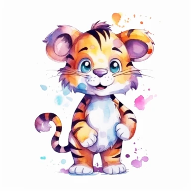 a colorful tigger with kind eyes clipart with watercolor illustration,full body shot,8k,etsy style, white background