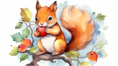 cute Squirrel on tree eating fruit watercolor png clipart