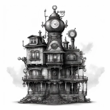 scary horror Steampunk one house Clipart, Retro Futuristic Victorian Era Art, white background