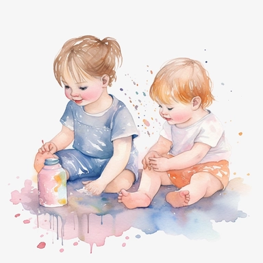 brother playing with baby sister, watercolour Clipart, isolated white background, 8k , hd, cute