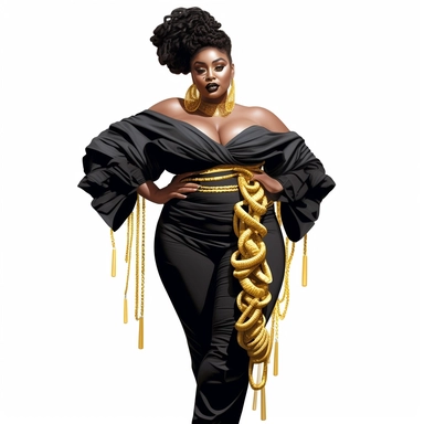 ??????socialite black woman bods, plus size, long massive braids, full glam, fashion icon, dripping gold rush, talented and good vibes, dressy pant and couture frilly flow top, clipart, white background