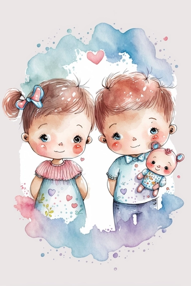 flat clipart background art for baby nursery watercolor cute baby twin, one boy and one girl fraternal twin boy and girl