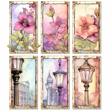 a page of watercolor flowers and street light card collections, set of 4 cliparts, in the style of steampunk-inspired designs, light magenta and beige, great contrast, altered and substituted canvases, art arrangement, photographic source, matte, insanely detailed and sharp, some splash with alcohol ink, nouveau réalisme