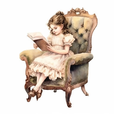 victorian vintage adorable little girl reading book on a vintage chair, full body, pastel beige colors, clipart style, watercolor technique, super high quality, professional watercolor clipart, high resolution, 8k