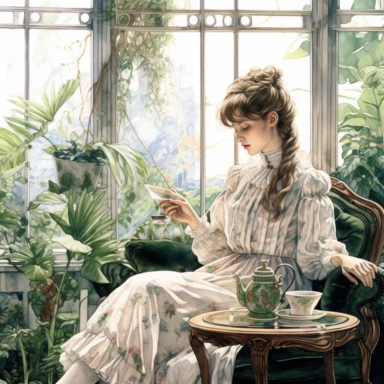 watercolor, hyper realistic, white background, white margins, 16k, ultra detailed clipart, cut out image, hand-drawn a Victorian pretty girl having tea amidst a botanical conservatory, surrounded by exotic plants, hanging vines, and large glass windows.