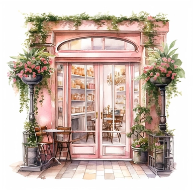 front illumination of ultra - realistic watercolor painting of pink cute french cafe interior with open doors clipart,pastry delicious, cute flowers, serene, cottagecore, plants overgrowing everywhere, aesthetic, naturalisting, cottagecore, plants, magical, white background, isolated on white, watercolor illustration, award winning