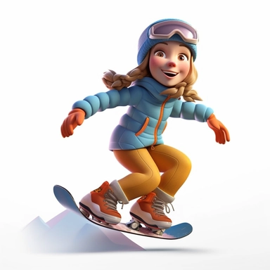 cute young girl snowboarding in action on snowboard, smiling, full body, downhill snowboard clipart, Sport graphics, wide angle, 16k polished, isolated on white background, 3d, rendered by pixar