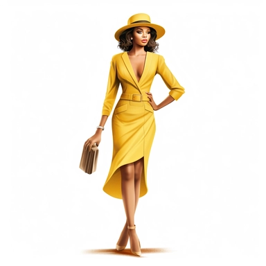 African american woman wearing yellow dress and fedora hat Boss lady clipart modern fashion style anatomically correct realistic isolated white background