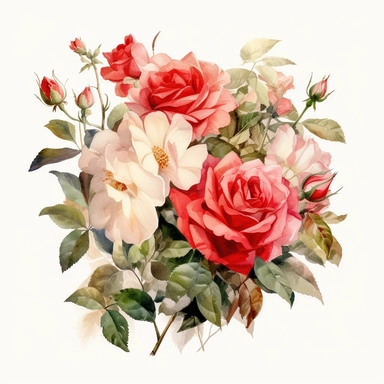 watercolor by Anders Zorn of pink and red flower roses and leaves bouquet with floral detail, clipart, red and beige, booru, uhd image, pastoral charm, free brushwork
