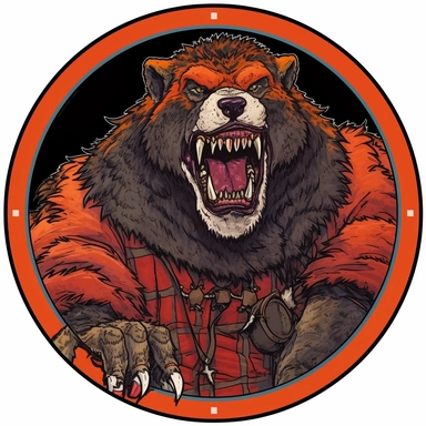 A circular tondo depicting a Dungeons & Dragons character bugbear badass boss warrior bandit, Mike Allred Josh Kirby Mad Max Lord of the Rings, handpainted enamel punk zine indie retrowave, clipart illustration, circle solid background