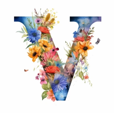 watercolor clipart of large letter v surrounded by tiny colorful wildflowers