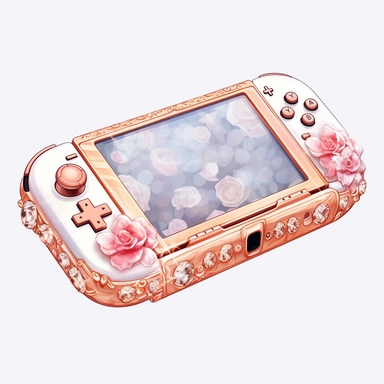 Watercolour rose gold and pastel detailed 3d gaming console Nintendo Switch , surrounded by beautiful roses and Swarovski crystals and diamonds, svg clipart style, solid white background, clipart element, clipart style highly detailed beautiful