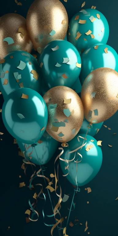 Teal and Gold Balloons Clipart with Glittery Confetti. Festive and celebratory, the image features vibrant teal and gold balloons that sparkle with glittery confetti. The lighting is bright and colorful, conveying a sense of excitement and energy.