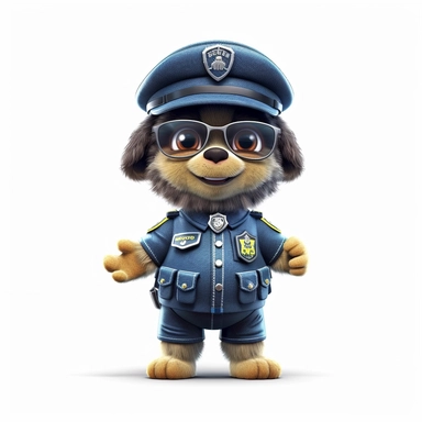 Adorable cute fantasy baby dog dressed like police standing in dynamic pose,front view,fullbody,sharp through out,happy expression, nursery art, clipart image, lineart image, white background, very detailed, 8k, composition wide shot