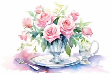 Design a watercolor clipart of a pink rose centerpiece arrangement with lush blooms and greenery, placed on a beautifully set tea party table, complete with pink rose napkins, silverware, and crystal glasses, in the style of delicate and detailed watercolors, viewed from a slightly elevated perspective, hd, spaced out, on a white background