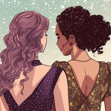 clipart of adult bestfriends, friends forever, back facing, wearing glitter dress, fashionable glam, closeup