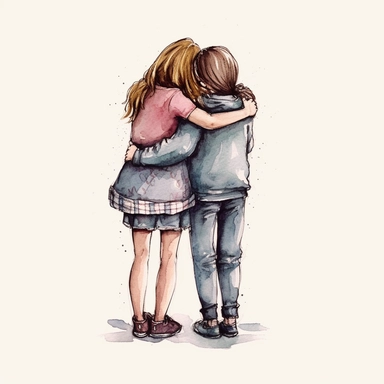 illustration, watercolor, best friend hug clipart, black outline, white background