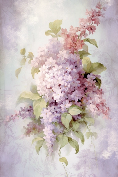 Vintage shabby damask clipart vignette with delicate floral patterns along the sides and corners of the image, small cute bright oil painting vignette with beautiful roses and blooming lilacs, light pastel tones in the center of the image,
