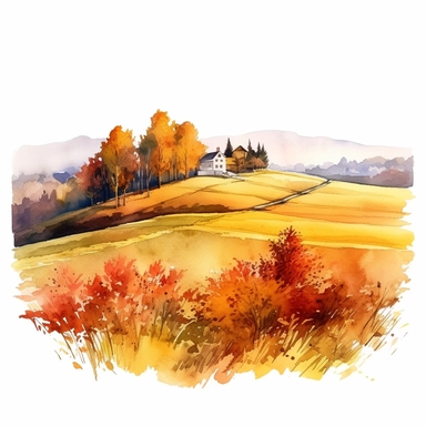 watercolor, hyper realistic, white background, white margins, 16k, ultra detailed clipart, cut out image, hand-drawn a picturesque countryside landscape with rolling hills covered in vibrant orange, red, and yellow foliage, capturing the beauty of an autumn field.