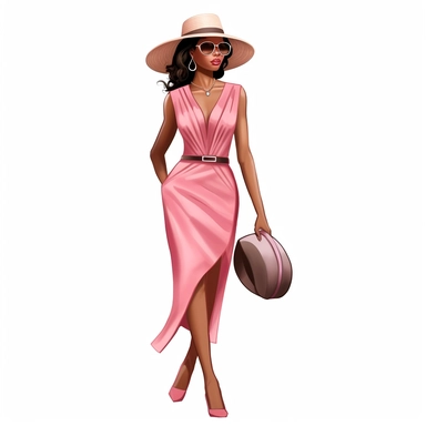African american woman wearing pink dress and fedora hat Boss lady clipart modern fashion style anatomically correct realistic isolated white background