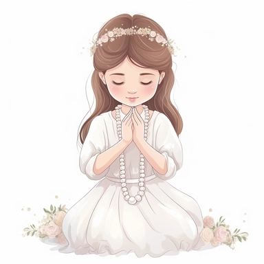 little girl first holy communion, girl kneeling with holy beads in hand and hands in a praying gesture clipart vector white background