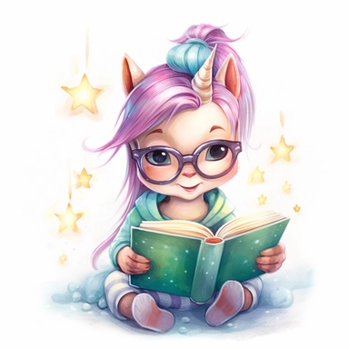 a magical watercolor clipart image with a white background, showcasing a cute cartoon unicorn bookworm reading a book