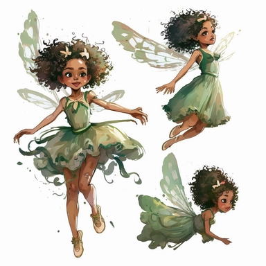 cute mixed race fairy girl flying toward the camera, watercolor clipart green dress, multiple poses, character model, realistic - - ar 3 : 2 - - 4b