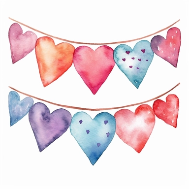 watercolor bunting with hearts, clipart on white background