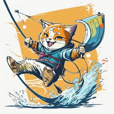 clipart, smiling cat is kitesurfing and wearing kitesurfing clothes, full body, splash, sunburst graphic, Tshirt designvector, blank background –-upbeta –- q2