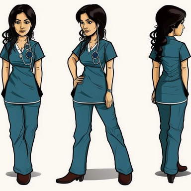 Hispanic Nurse girl , black hair, Clip art, hand drawn, cartoon, concept art, full body, back shoes, blue scrubs, V neck scrubs ar 2:3, white background, stethoscope around neck