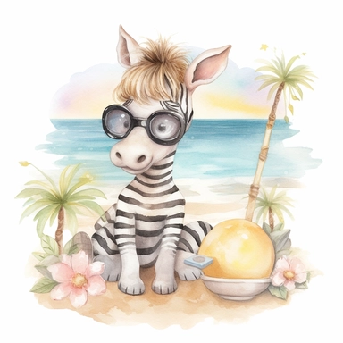 A fairytale style cute fairy baby zebra wearing sun glasses at the beach with watercolor effect,suitable for digital clipart,white background,magical twinkles,magical scene,fairy soft colors ,summer vibes