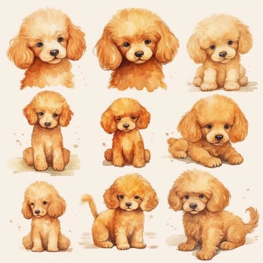 Cute baby Poodle clipart set,8k,realistic skin, digital painting, happy expression, running pose, FLUFFY FUR,side view, in the style of watercolor cartoon clipart, kate greenaway style,high resolution, composition free space, vibrant color scheme, watercolour clipart,isolated white background, clipart most popular on etsy, book illustration, featured on dribble,print on demand image, PNG tranparent background,composition medium shot, no text