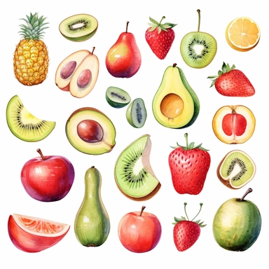 cliparts, watercolor, pieces of cute summer fruits, avocado, pineapple, strawberry, banana, watermelone, coconut, lime, lemon, apple, cherry, berries, grapes