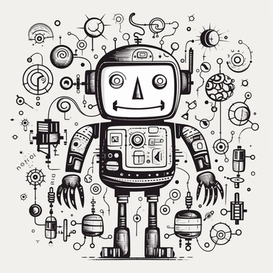 drawn illustration cute doodle (robot), clip art, digital art, vector, isolated transparent background, clean line art, simple strokes, minimalist style, straight lines, curves