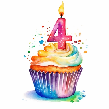 watercolor clipart image, birthday cupcake with a number 4 candle, white background