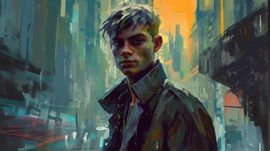 beautiful stunning pretty vintage, futuristic bladerunner style young man, paint art style, clipart, city landscape background, superrealistic, one of a kind