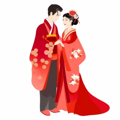 Create one clipart full size body of a wedding [asian japonase] with loving expressions, gentle and affectionate body language, hugs . The couple is form with [a women in traditional japonase wedding dress ] and [a man in a suit japonase art style ]. Use traditional clothing and accessories that are meaningful to each culture, and incorporate [red] and [white and gold] to add visual interest and cultural significance to the design by Eddie Campbell