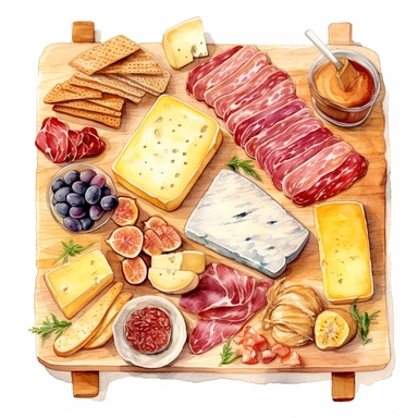 Watercolor charcuterie platter with salama pastrami jambon sausage ham crispy breadsticks sauce cheese nicely placed along with cheese on a very large wooden flat plate or cutting board, illustrations clipart set, simple, soft colors, cartoon elements, different variants, cheese from around the world, wooden elements, separate elements with a margin