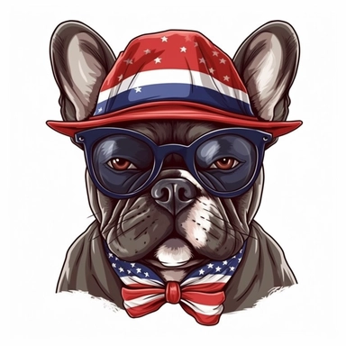 sticker, white background, funny french bulldog, open mouth, in style Independence Day in usa, hat with an american flag, clipart