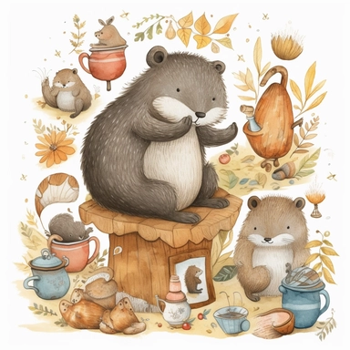 An endearing clip art collection featuring cute animals engaged in everyday activities, such as a sleepy bear hugging a honey jar, a cheerful squirrel gathering acorns, a busy ant carrying a leaf, and a contented hedgehog curled up in a cozy nest, Artwork, digital illustration with a whimsical and child-friendly style,